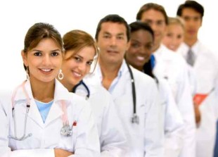 group of doctors in a hospital in a line