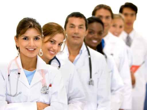 group of doctors in a hospital in a line